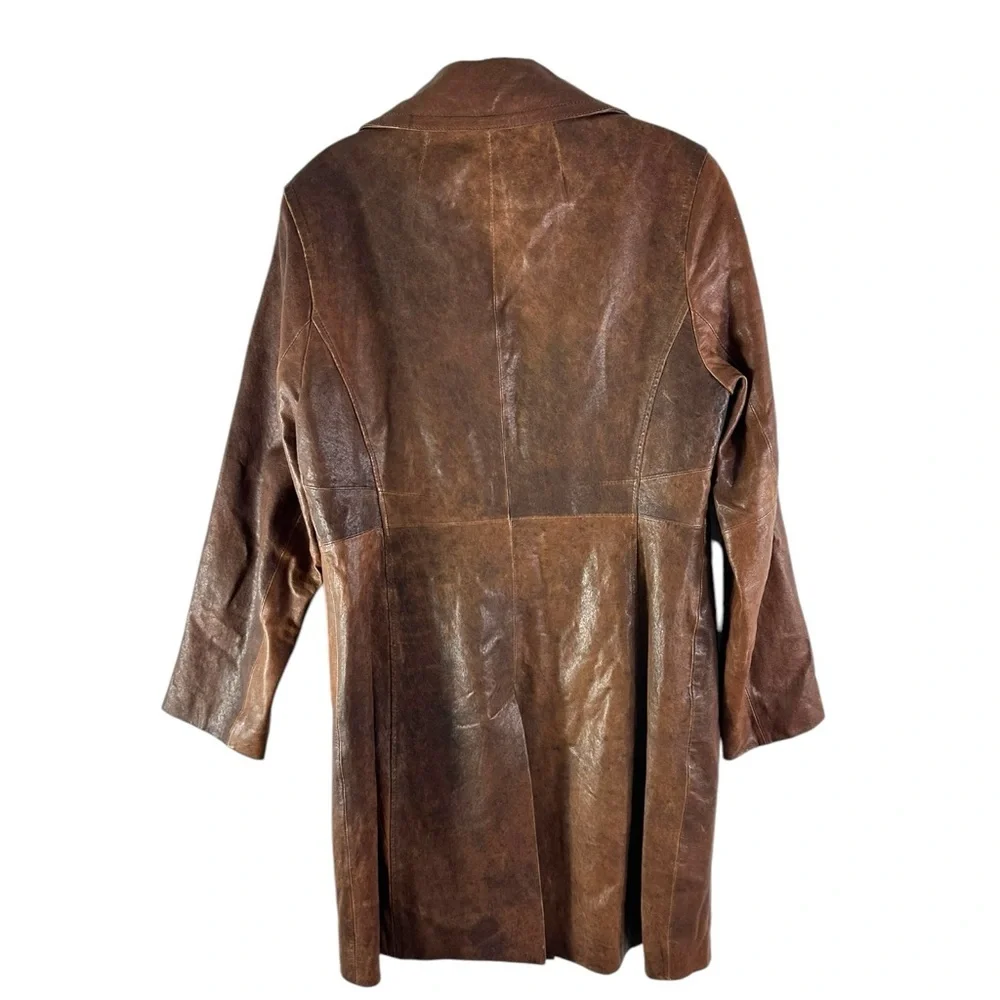Michael Kors Brown Distressed Leather Long Western Style Button Jacket Size M